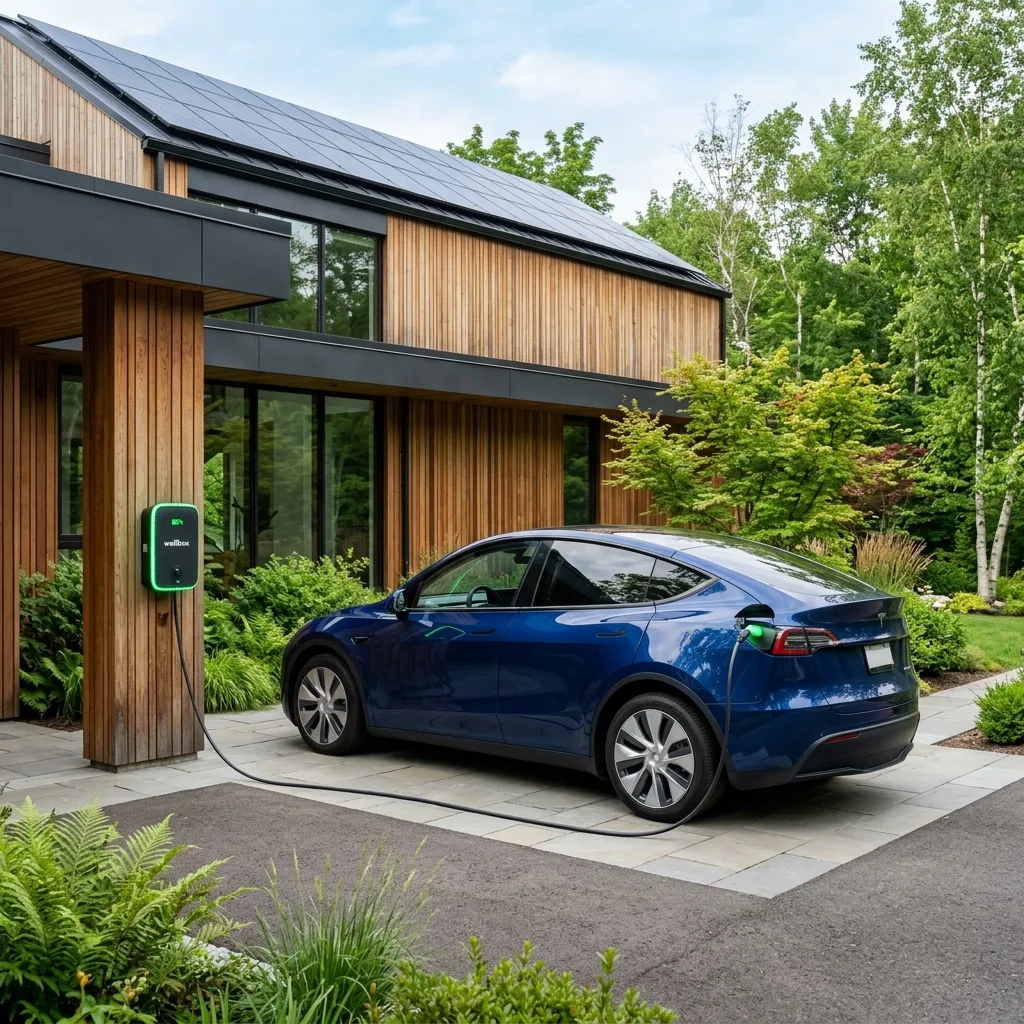 Coche eléctrico azul conectado a un cargador doméstico junto a una casa con paneles solares